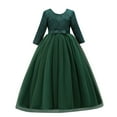 thumbnail image 1 of IBTOM CASTLE Flower Girls 3/4 Sleeve Deep V-Back Tulle Vintage Lace Wedding Party Long Dress Formal Princess Communion Pageant Maxi Gown 4-5 Years Dark Green, 1 of 8