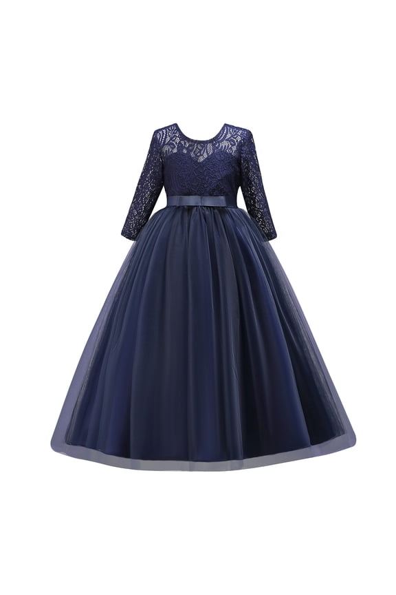 Flower Girls 3/4 Sleeve Deep V-Back Tulle Vintage Lace Wedding Party Long Dress Formal Princess Communion Pageant Maxi Gown 4-5 Years Navy Blue