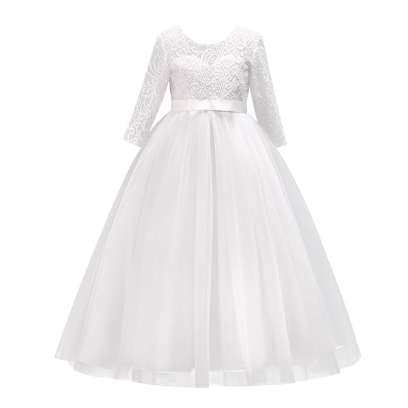 IBTOM CASTLE Flower Girls 3/4 Sleeve Deep V-Back Tulle Vintage Lace Wedding Party Long Dress Formal Princess Communion Pageant Maxi Gown 5-6 Years White