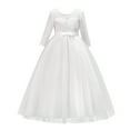 thumbnail image 1 of IBTOM CASTLE Flower Girls 3/4 Sleeve Deep V-Back Tulle Vintage Lace Wedding Party Long Dress Formal Princess Communion Pageant Maxi Gown 7-8 Years White, 1 of 8