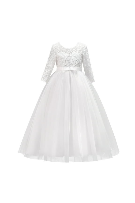 Flower Girls 3/4 Sleeve Deep V-Back Tulle Vintage Lace Wedding Party Long Dress Formal Princess Communion Pageant Maxi Gown 7-8 Years White