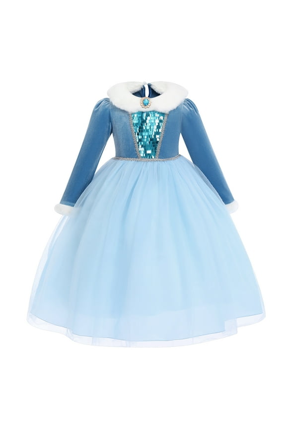 Little Big Girls Elsa and Anna Princess Clothes Snow Queen Long Sleeve Sequins Snowflake Velvet Tulle Dress Birthday Halloween Christmas Carnival Cosplay Party Pageant Prom Ball Gown