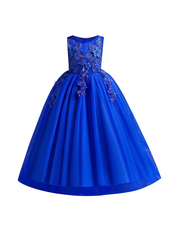 Little Big Girls Flower Tulle Dress Princess Pageant Wedding Birthday Party Formal Long Dance Evening Maxi Gown 11-12 Years Royal Blue