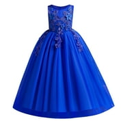 IBTOM CASTLE Little Big Girls Flower Tulle Dress Princess Pageant Wedding Birthday Party Formal Long Dance Evening Maxi Gown 13-14 Years Royal Blue