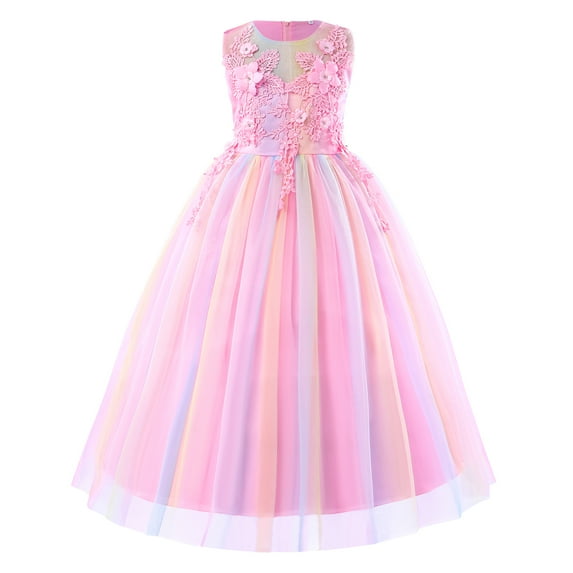 IBTOM CASTLE Little Big Girls Flower Tulle Dress Princess Pageant Birthday Party Wedding Formal Floor Length Long Dance Evening Maxi Gown 5-6 Years Rainbow Pink