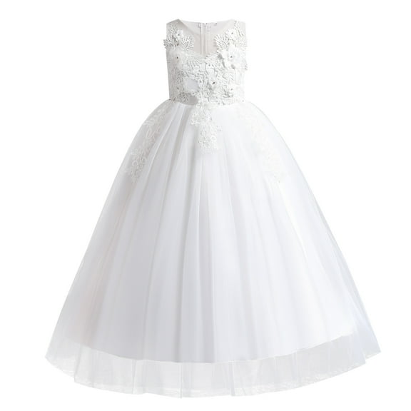 IBTOM CASTLE Little Big Girls Flower Tulle Dress Princess Pageant Wedding Birthday Party Formal Long Dance Evening Maxi Gown 5-6 Years White