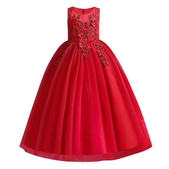 IBTOM CASTLE Little Big Girls Flower Tulle Dress Princess Pageant Wedding Birthday Party Formal Long Dance Evening Maxi Gown 6-7 Years Red