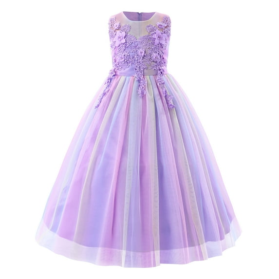 IBTOM CASTLE Little Big Girls Flower Tulle Dress Princess Pageant Wedding Birthday Party Formal Long Dance Evening Maxi Gown 6-7 Years Rainbow Purple