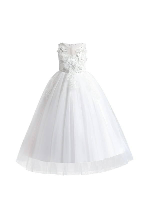 Little Big Girls Flower Tulle Dress Princess Pageant Wedding Birthday Party Formal Long Dance Evening Maxi Gown 6-7 Years White