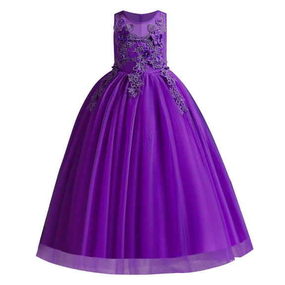 IBTOM CASTLE Little Big Girls Flower Tulle Dress Princess Pageant Wedding Birthday Party Formal Long Dance Evening Maxi Gown 8-9 Years Purple