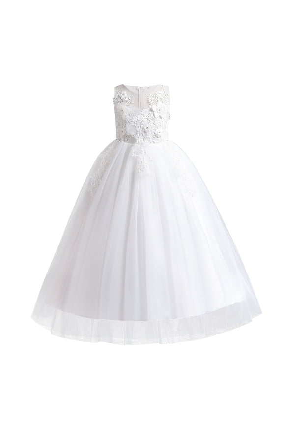 Little Big Girls Flower Tulle Dress Princess Pageant Wedding Birthday Party Formal Long Dance Evening Maxi Gown 8-9 Years White