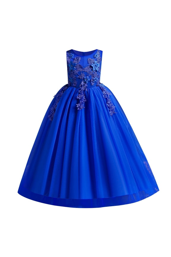 Little Big Girls Flower Tulle Dress Princess Pageant Wedding Birthday Party Formal Long Dance Evening Maxi Gown 6-7 Years Royal Blue