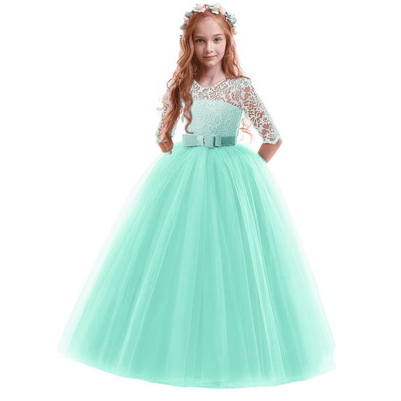 IBTOM CASTLE Little Big Girls Flower Vintage Floral Lace 3/4 Sleeves Floor Length Dress Wedding Party Evening Formal Pageant Dance Gown 11-12 Years Mint Green