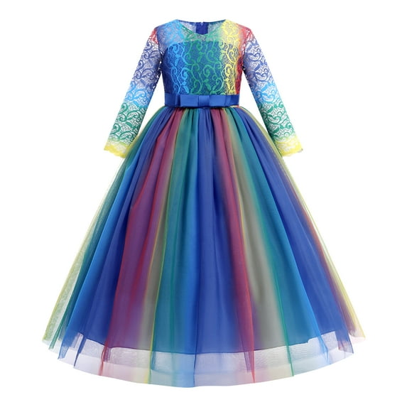 IBTOM CASTLE Little Big Girls Flower Vintage Floral Lace 3/4 Sleeves Floor Length Dress Wedding Party Evening Formal Pageant Dance Gown 11-12 Years Rainbow - Blue