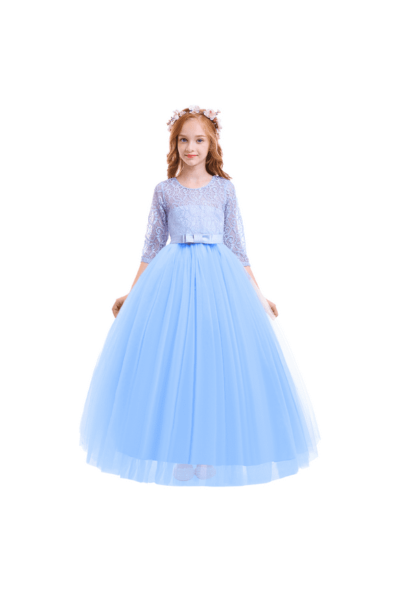 Little Big Girls Flower Vintage Floral Lace 3/4 Sleeves Floor Length Dress Wedding Party Evening Formal Pageant Dance Gown 13-14 Years Blue