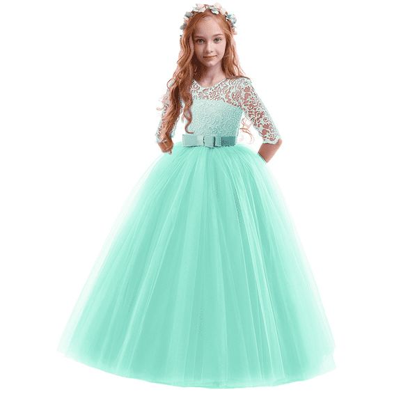 IBTOM CASTLE Little Big Girls Flower Vintage Floral Lace 3/4 Sleeves Floor Length Dress Wedding Party Evening Formal Pageant Dance Gown 13-14 Years Mint Green