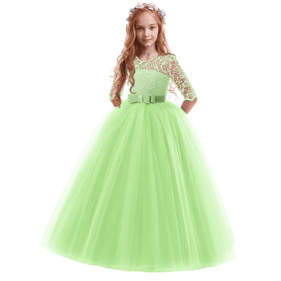IBTOM CASTLE Little Big Girls Flower Vintage Floral Lace 3/4 Sleeves Floor Length Dress Wedding Party Evening Formal Pageant Dance Gown 2-3 Years Grass Green