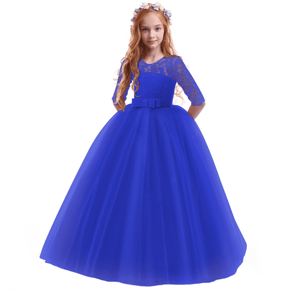 IBTOM CASTLE Little Big Girls Flower Vintage Floral Lace 3/4 Sleeves Floor Length Dress Wedding Party Evening Formal Pageant Dance Gown 2-3 Years Royal Blue