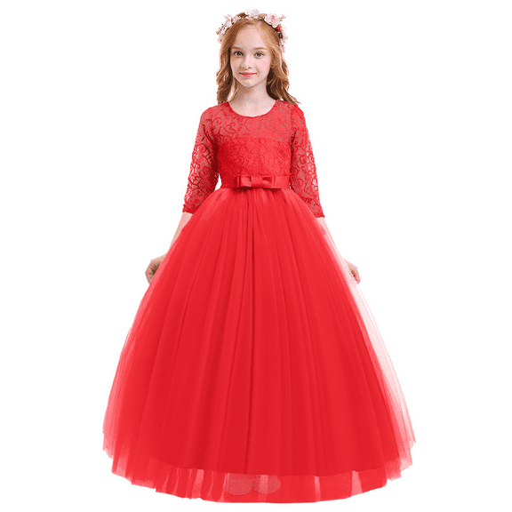 IBTOM CASTLE Little Big Girls Flower Vintage Floral Lace 3/4 Sleeves Floor Length Dress Wedding Party Evening Formal Pageant Dance Gown 3-4 Years Red