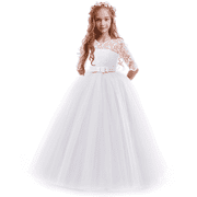 IBTOM CASTLE Little Big Girls Flower Vintage Floral Lace 3/4 Sleeves Floor Length Dress Wedding Party Evening Formal Pageant Dance Gown 3-4 Years White