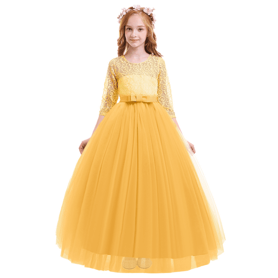 IBTOM CASTLE Little Big Girls Flower Vintage Floral Lace 3/4 Sleeves Floor Length Dress Wedding Party Evening Formal Pageant Dance Gown 3-4 Years Yellow