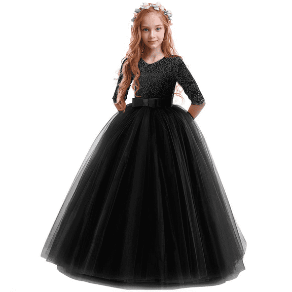 IBTOM CASTLE Little Big Girls Flower Vintage Floral Lace 3/4 Sleeves Floor Length Dress Wedding Party Evening Formal Pageant Dance Gown 5-6 Years Black