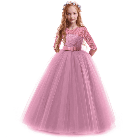 Little Big Girls Flower Vintage Floral Lace 3/4 Sleeves Floor Length Dress Wedding Party Evening Formal Pageant Dance Gown 5-6 Years Dusty Pink