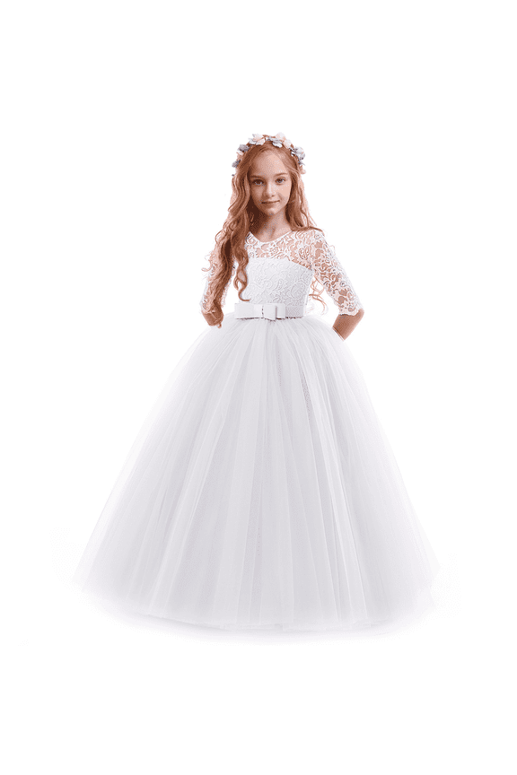 Little Big Girls Flower Vintage Floral Lace 3/4 Sleeves Floor Length Dress Wedding Party Evening Formal Pageant Dance Gown 5-6 Years White