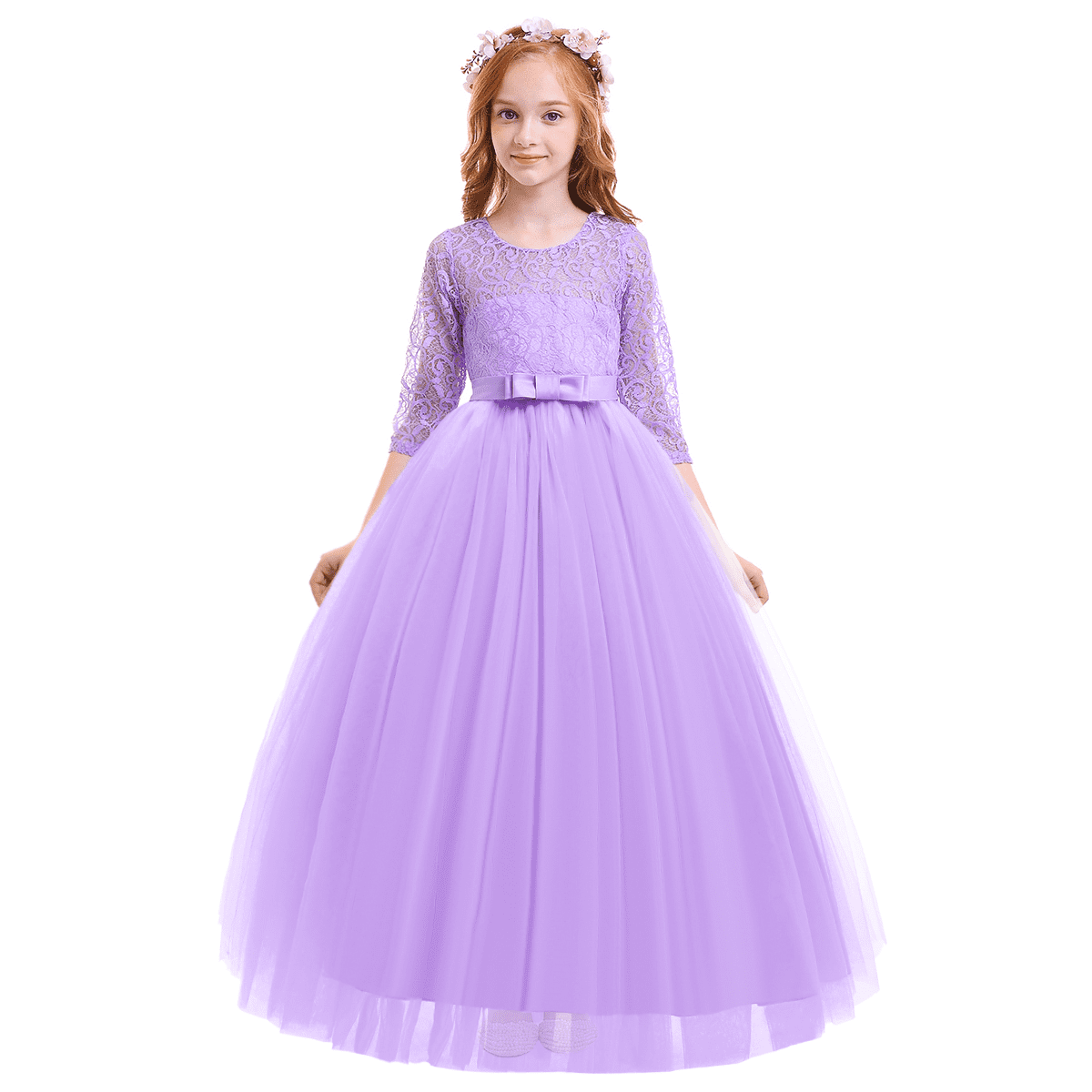 Little Big Girls Flower Vintage Floral Lace 3/4 Sleeves Floor Length Dress Wedding Party Evening Formal Pageant Dance Gown 7-8 Years Purple