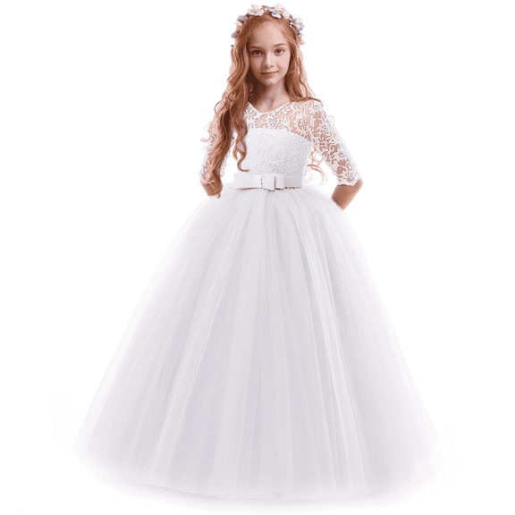IBTOM CASTLE Little Big Girls Flower Vintage Floral Lace 3/4 Sleeves Floor Length Dress Wedding Party Evening Formal Pageant Dance Gown 7-8 Years White