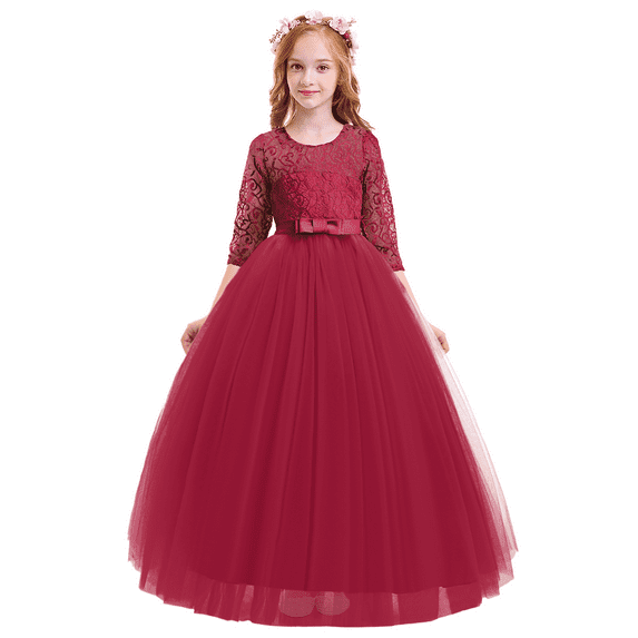 IBTOM CASTLE Little Big Girls Flower Vintage Floral Lace 3/4 Sleeves Floor Length Dress Wedding Party Evening Formal Pageant Dance Gown 7-8 Years Wine Red