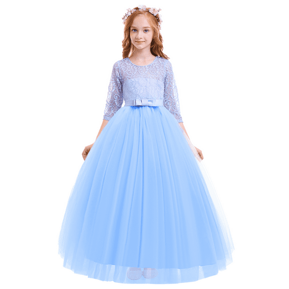 IBTOM CASTLE Little Big Girls Flower Vintage Floral Lace 3/4 Sleeves Floor Length Dress Wedding Party Evening Formal Pageant Dance Gown 9-10 Years Blue