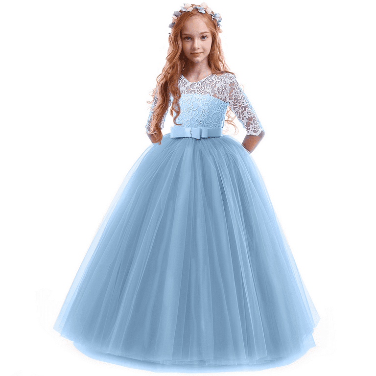 IBTOM CASTLE Little Big Girls Flower Vintage Floral Lace 3/4 Sleeves Floor  Length Dress Wedding Party Evening Formal Pageant Dance Gown 9-10 Years  Blue 