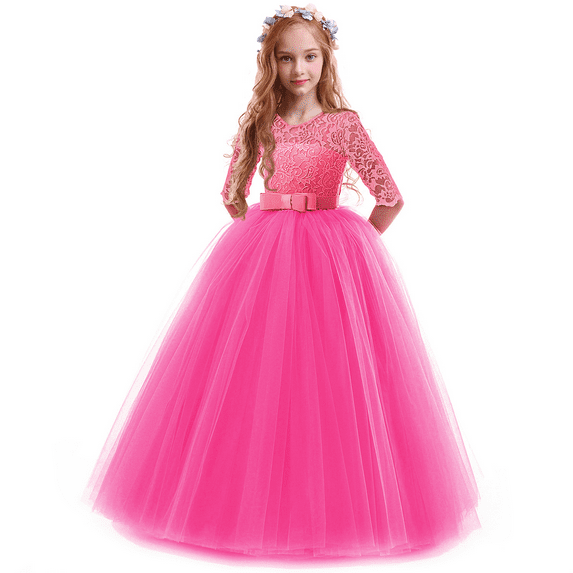IBTOM CASTLE Little Big Girls Flower Vintage Floral Lace 3/4 Sleeves Floor Length Dress Wedding Party Evening Formal Pageant Dance Gown 9-10 Years Hot Pink