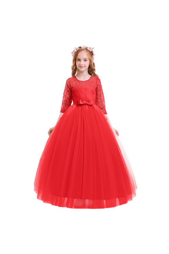 Little Big Girls Flower Vintage Floral Lace 3/4 Sleeves Floor Length Dress Wedding Party Evening Formal Pageant Dance Gown 9-10 Years Red