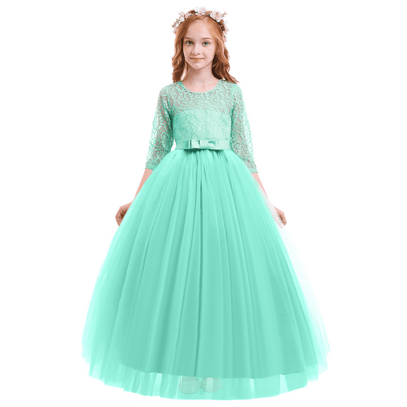 IBTOM CASTLE Little Big Girls Flower Vintage Floral Lace 3/4 Sleeves Floor Length Dress Wedding Party Evening Formal Pageant Dance Gown 9-10 Years Turquoise