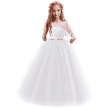 IBTOM CASTLE Little Big Girls Flower Vintage Floral Lace 3/4 Sleeves Floor Length Dress Wedding Party Evening Formal Pageant Dance Gown 9-10 Years White