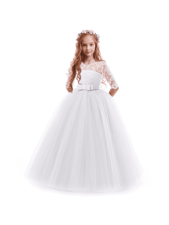 Little Big Girls Flower Vintage Floral Lace 3/4 Sleeves Floor Length Dress Wedding Party Evening Formal Pageant Dance Gown 9-10 Years White