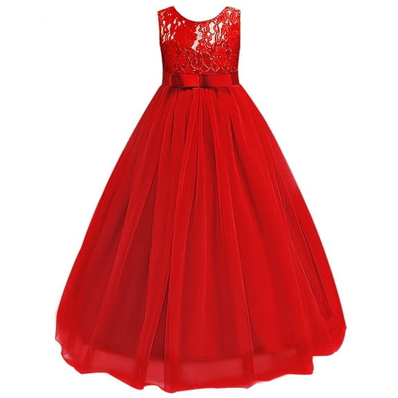 IBTOM CASTLE Little Big Girls Vintage Lace Junior Bridesmaid Dress Floor Length Dance Ball Pageant Maxi Gown for Party Wedding 11-12 Years Red