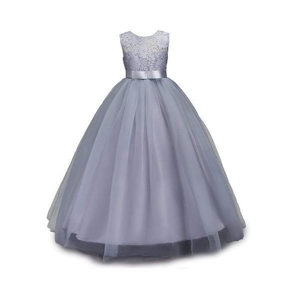 IBTOM CASTLE Little Big Girls Vintage Lace Junior Bridesmaid Dress Floor Length Dance Ball Pageant Maxi Gown for Party Wedding 12-13 Years Gray