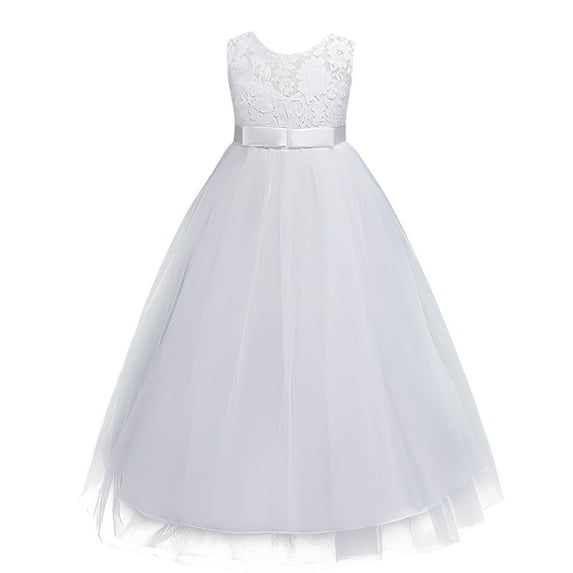 IBTOM CASTLE Little Big Girls Vintage Lace Junior Bridesmaid Dress Floor Length Dance Ball Pageant Maxi Gown for Party Wedding 12-13 Years White