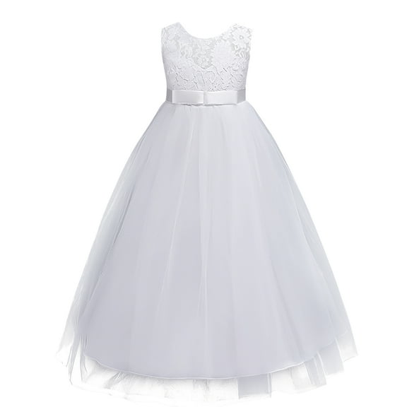 IBTOM CASTLE Little Big Girls Vintage Lace Junior Bridesmaid Dress Floor Length Dance Ball Pageant Maxi Gown for Party Wedding 12-13 Years White