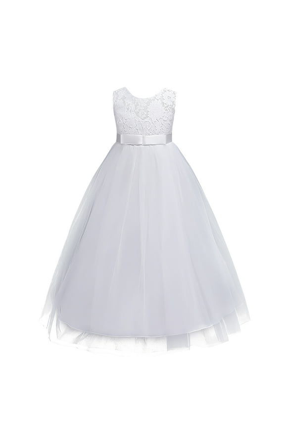 Little Big Girls Vintage Lace Junior Bridesmaid Dress Floor Length Dance Ball Pageant Maxi Gown for Party Wedding 12-13 Years White