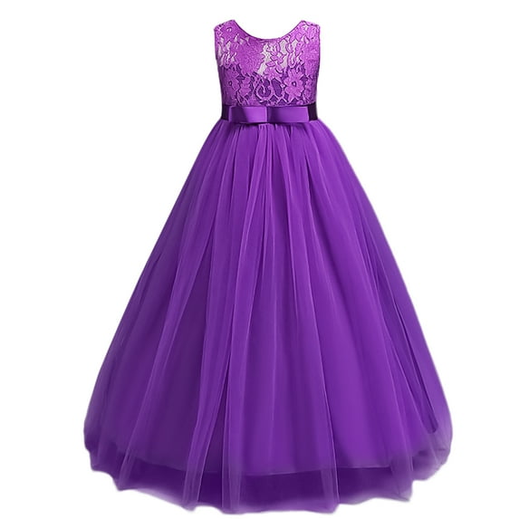 IBTOM CASTLE Little Big Girls Vintage Lace Junior Bridesmaid Dress Floor Length Dance Ball Pageant Maxi Gown for Party Wedding 4-5 Years Purple