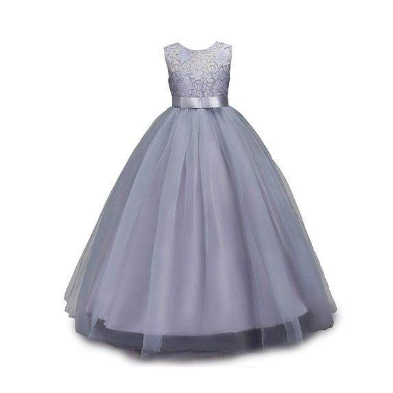 IBTOM CASTLE Little Big Girls Vintage Lace Junior Bridesmaid Dress Floor Length Dance Ball Pageant Maxi Gown for Party Wedding 7-8 Years Gray