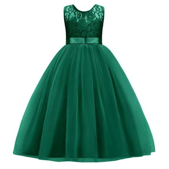 IBTOM CASTLE Little Big Girls Vintage Lace Junior Bridesmaid Dress Floor Length Dance Ball Pageant Maxi Gown for Party Wedding 7-8 Years Green