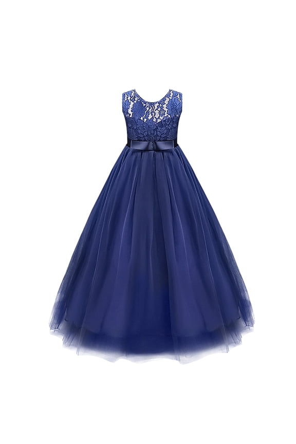 Little Big Girls Vintage Lace Junior Bridesmaid Dress Floor Length Dance Ball Pageant Maxi Gown for Party Wedding 7-8 Years Navy Blue