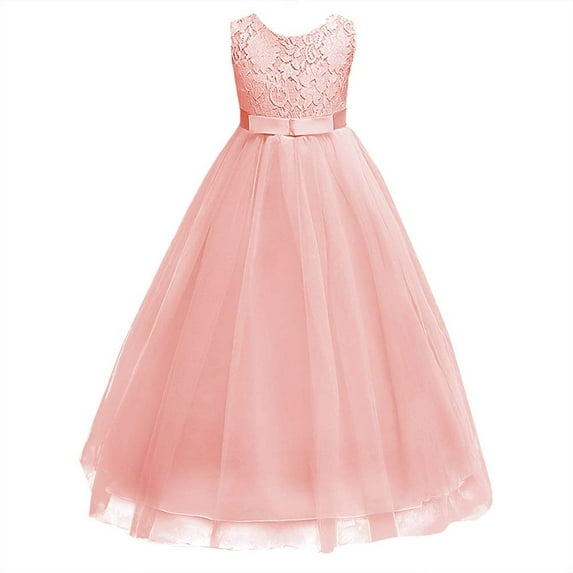 IBTOM CASTLE Little Big Girls Vintage Lace Junior Bridesmaid Dress Floor Length Dance Ball Pageant Maxi Gown for Party Wedding 7-8 Years Pink Coral