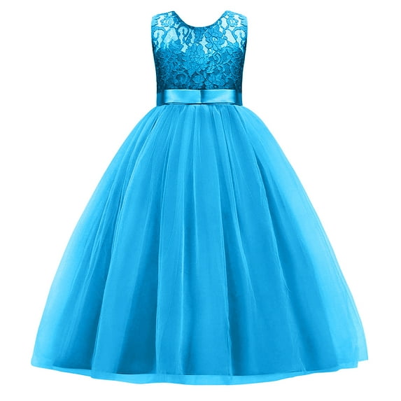 IBTOM CASTLE Little Big Girls Vintage Lace Junior Bridesmaid Dress Floor Length Dance Ball Pageant Maxi Gown for Party Wedding 9-10 Years Blue