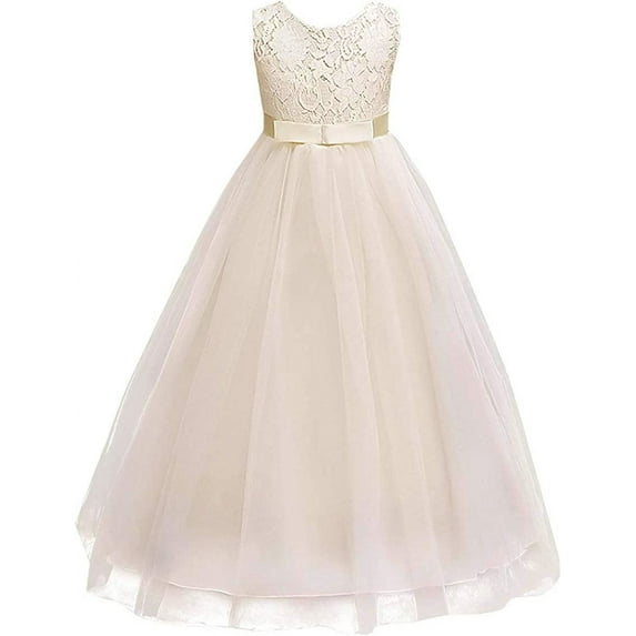 IBTOM CASTLE Little Big Girls Vintage Lace Junior Bridesmaid Dress Floor Length Dance Ball Pageant Maxi Gown for Party Wedding 9-10 Years Champagne